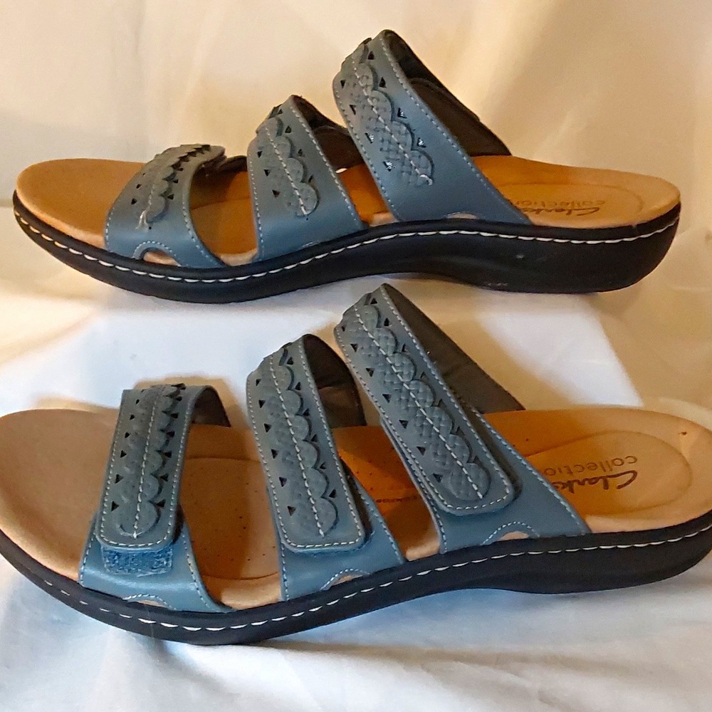 Clarks Womens US 9M Blue Leather Hook & Loop Adjustable Slide Wedge Sandals